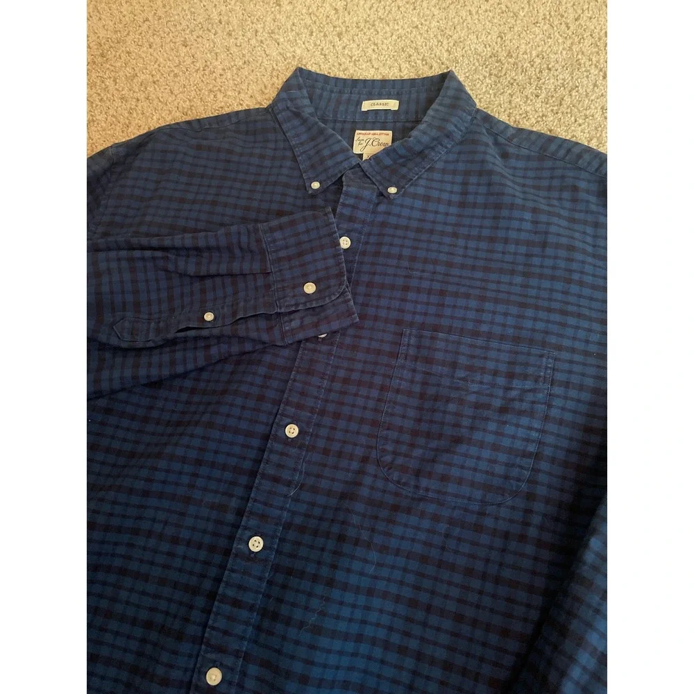 J. Crew Mens Button Down Shirt XXL Blue Gingham American Pima Cotton Classic Fit